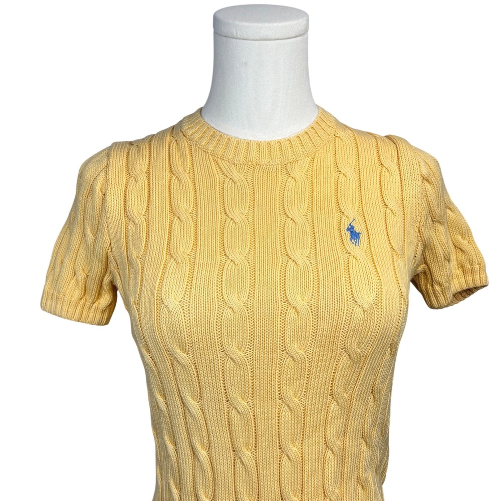 Polo Ralph Lauren Cable Knit Sweater Short Sleeve Yellow Pima Cotton Preppy M - Picture 2 of 9